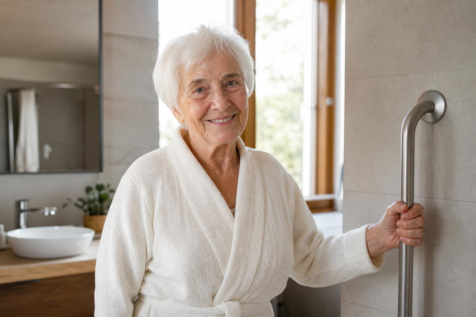 Dame senior en sécurité dans sa salle de bain adaptée